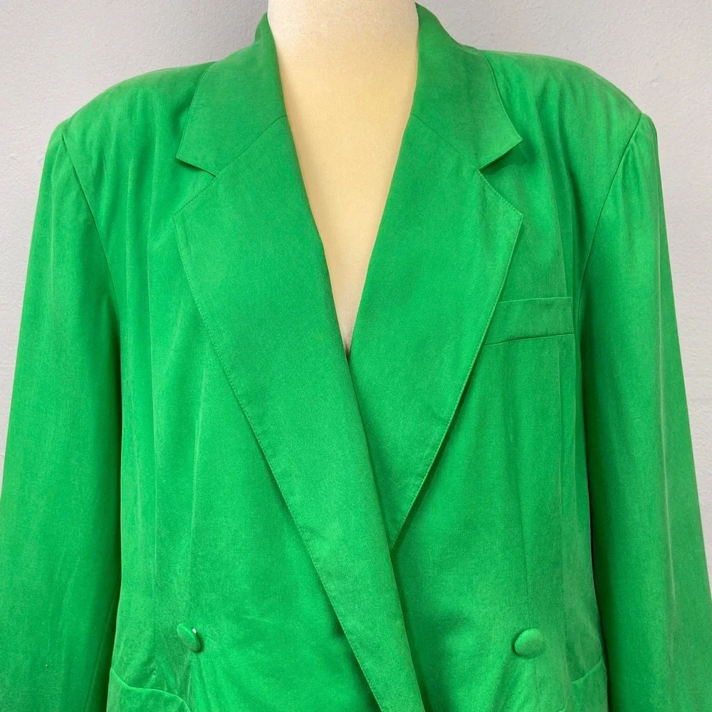 Vintage 80s Apart Skirt Suit Sz 16 Green Silk Power Bold Maximalist Matching Set